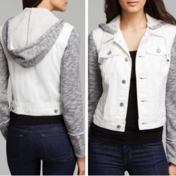 Free People Distressed White Denim Button Up Hooded Jacket Gray thermal Contrast - Picture 2 of 16